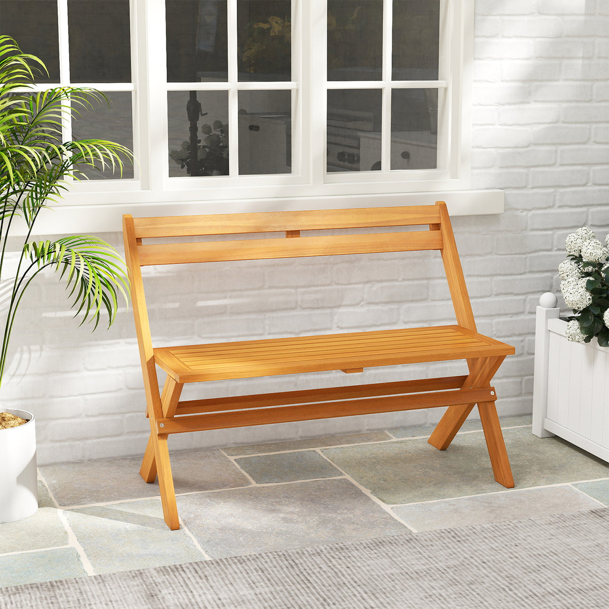 Folding Outdoor Bench for 2 People with Slanted Backrest Slatted Seat