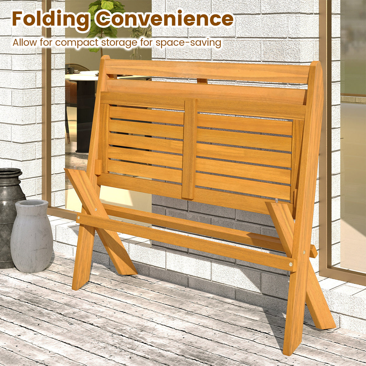 Folding Outdoor Bench for 2 People with Slanted Backrest Slatted Seat