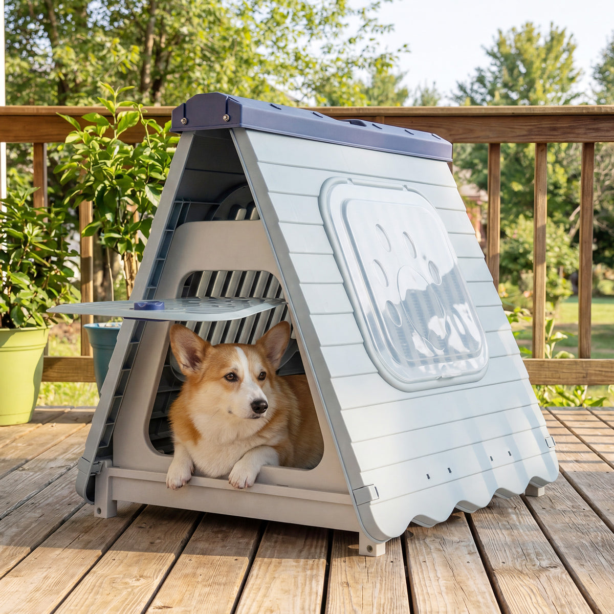 Folding Plastic Dog House with Lockable Flap Door Waterproof Pet Shelter-Blue