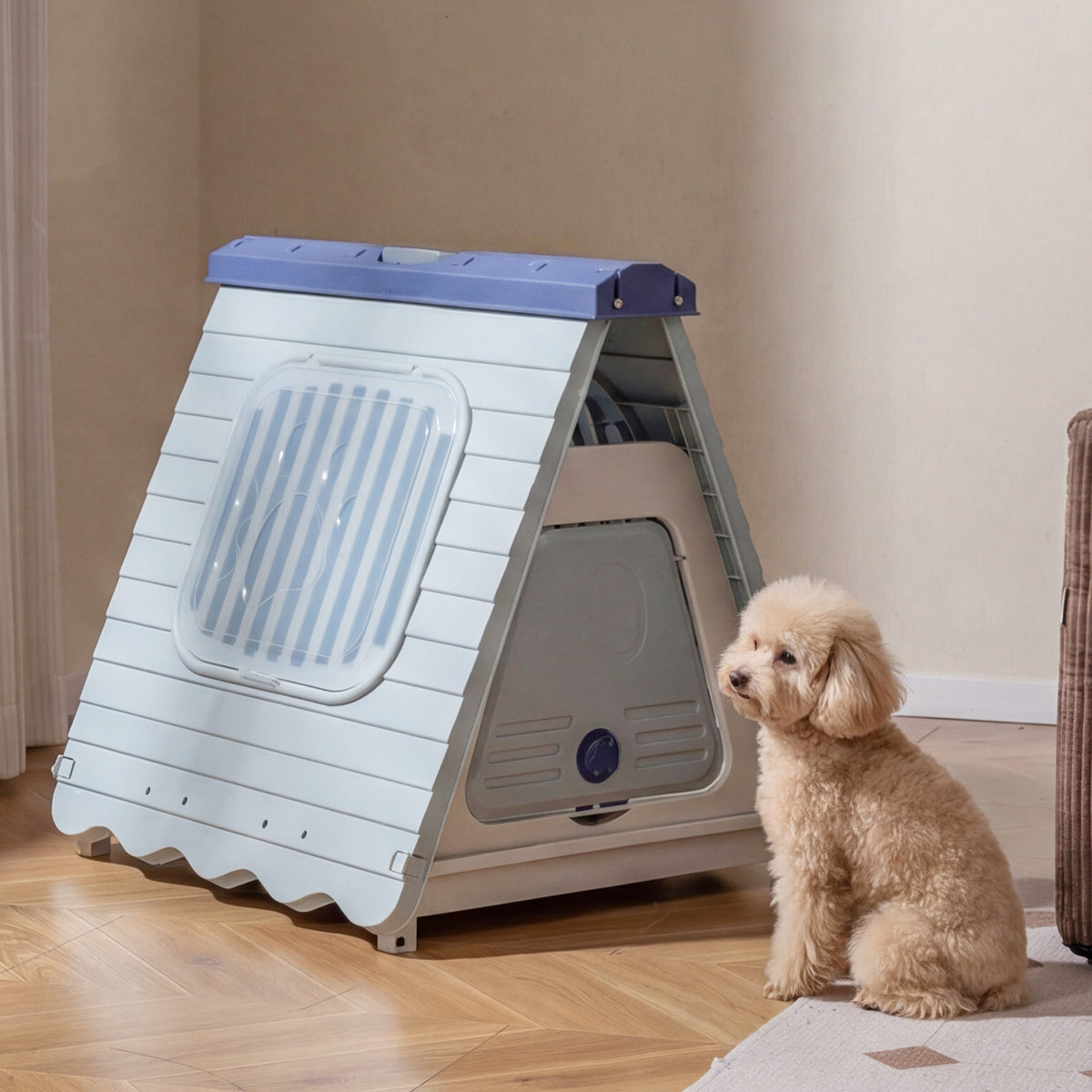 Folding Plastic Dog House with Lockable Flap Door Waterproof Pet Shelter-Blue