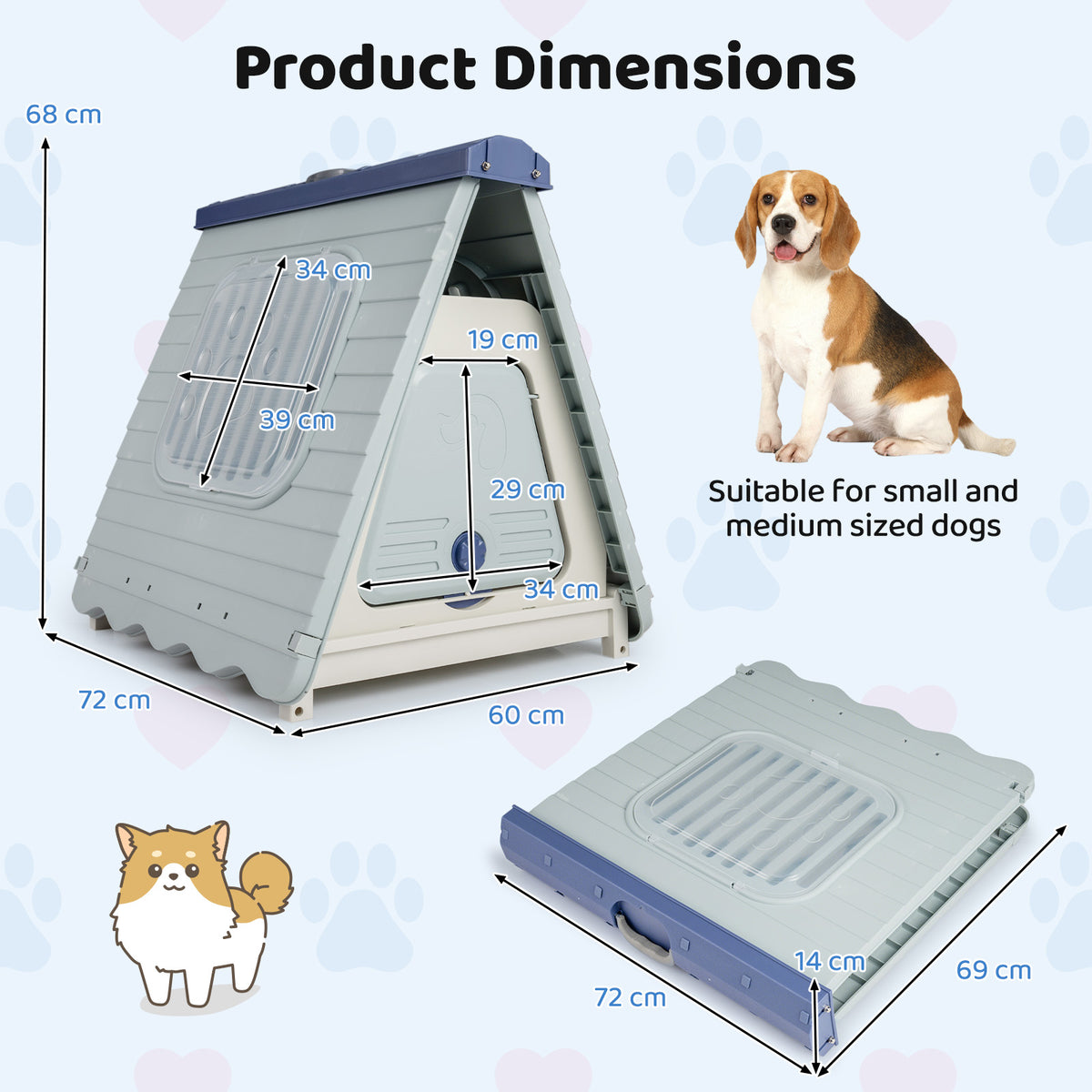 Folding Plastic Dog House with Lockable Flap Door Waterproof Pet Shelter-Blue