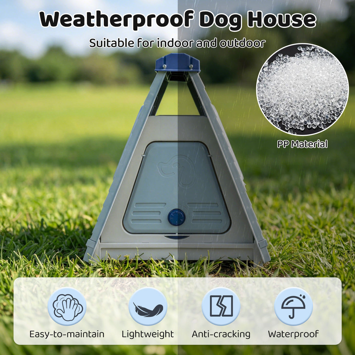 Folding Plastic Dog House with Lockable Flap Door Waterproof Pet Shelter-Blue