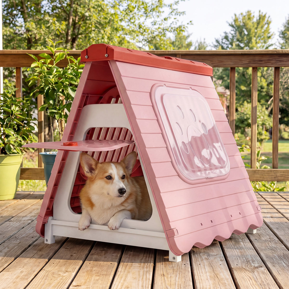 Folding Plastic Dog House with Lockable Flap Door Waterproof Pet Shelter-Pink