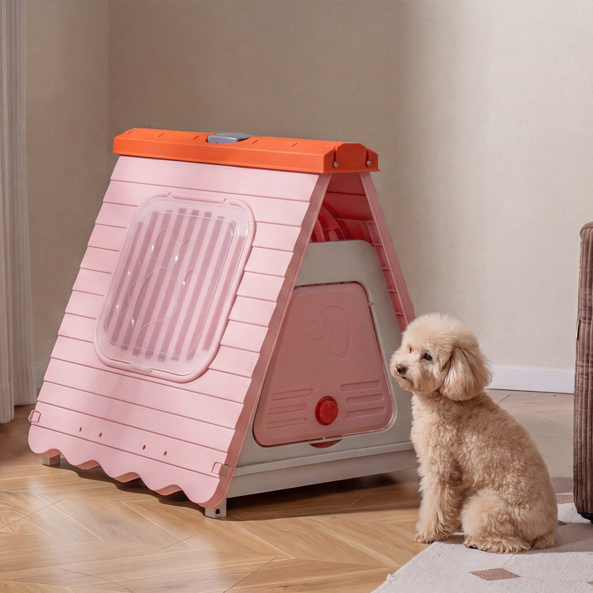 Folding Plastic Dog House with Lockable Flap Door Waterproof Pet Shelter-Pink