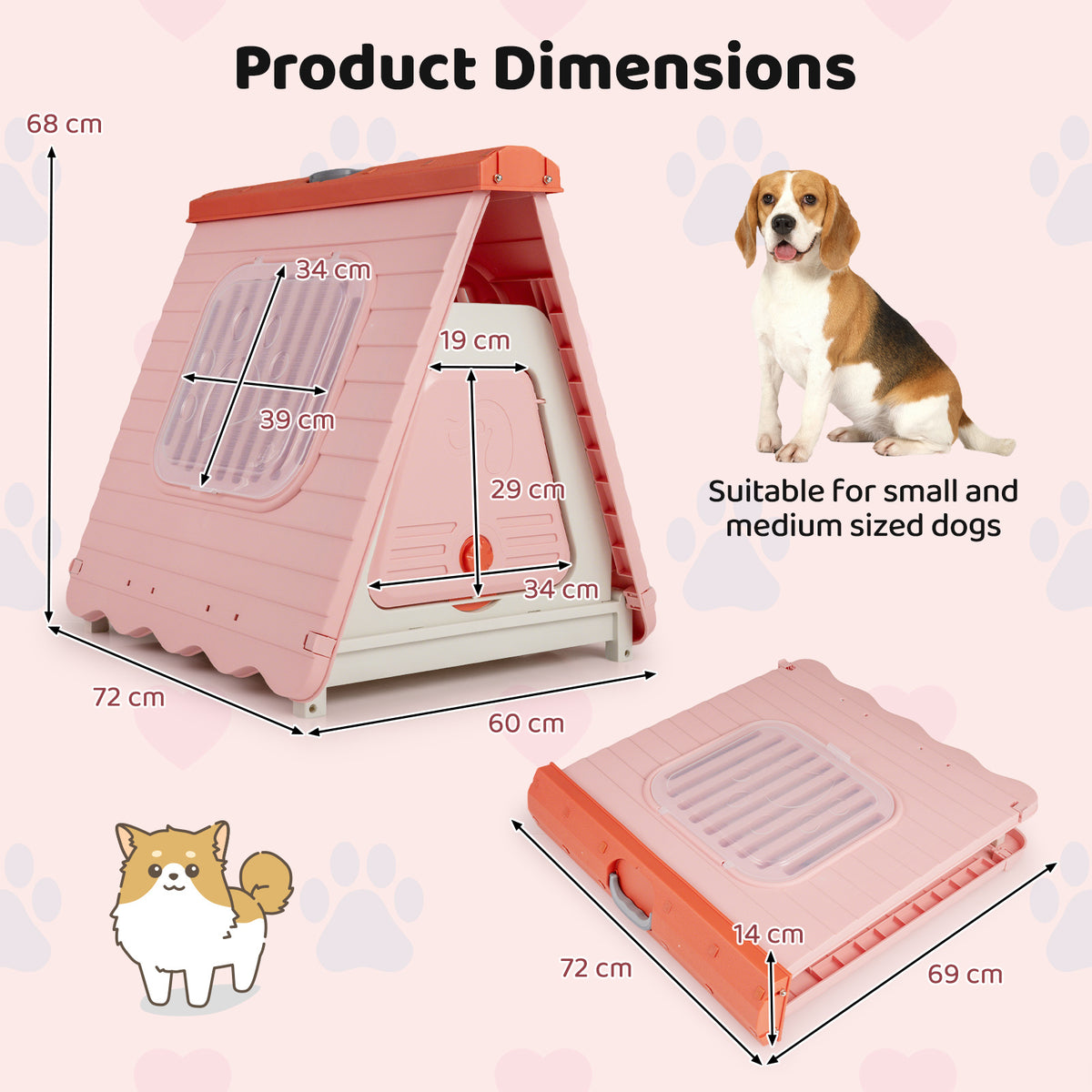 Folding Plastic Dog House with Lockable Flap Door Waterproof Pet Shelter-Pink