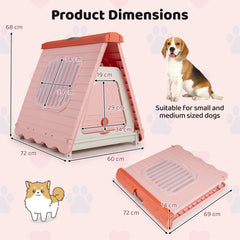 Folding Plastic Dog House with Lockable Flap Door Waterproof Pet Shelter-Pink