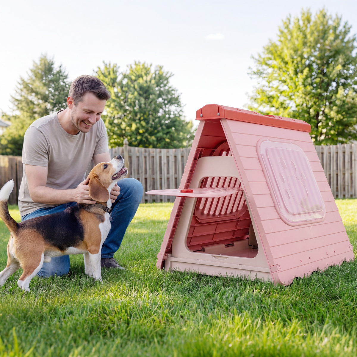 Folding Plastic Dog House with Lockable Flap Door Waterproof Pet Shelter-Pink