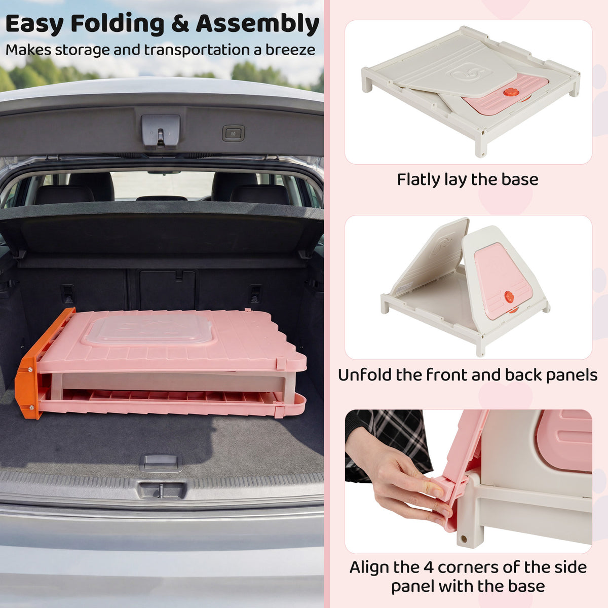 Folding Plastic Dog House with Lockable Flap Door Waterproof Pet Shelter-Pink