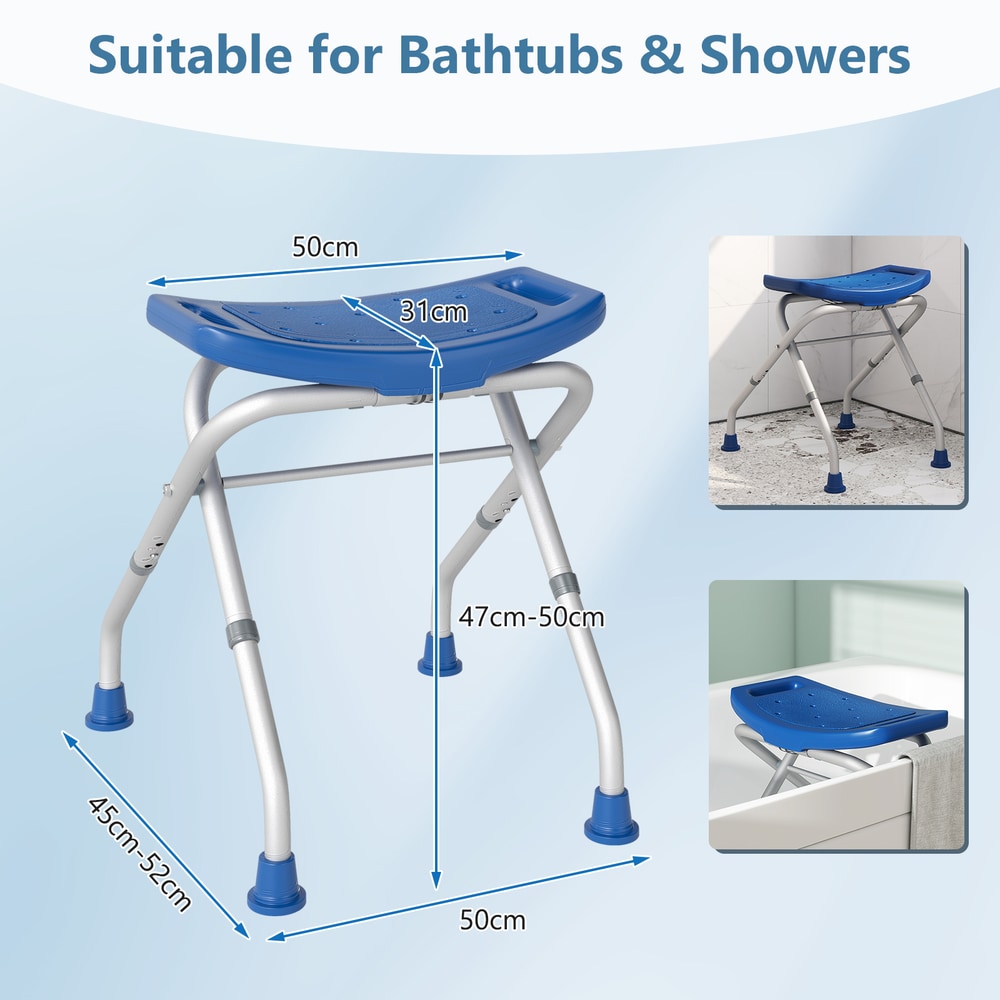 A diagram shows the dimensions of the blue bath safety seat
