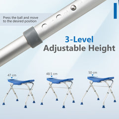 Three blue bath safety seats are shown at different heights with adjustment detail