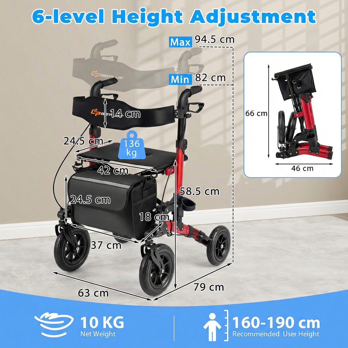 Folding Rolling Walker with Seat and Mesh Backrest for Seniors-Red
