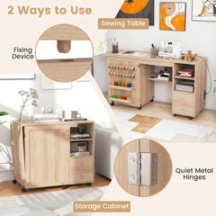 Folding Sewing Table with Charging Station and Storage Shelves-Natural