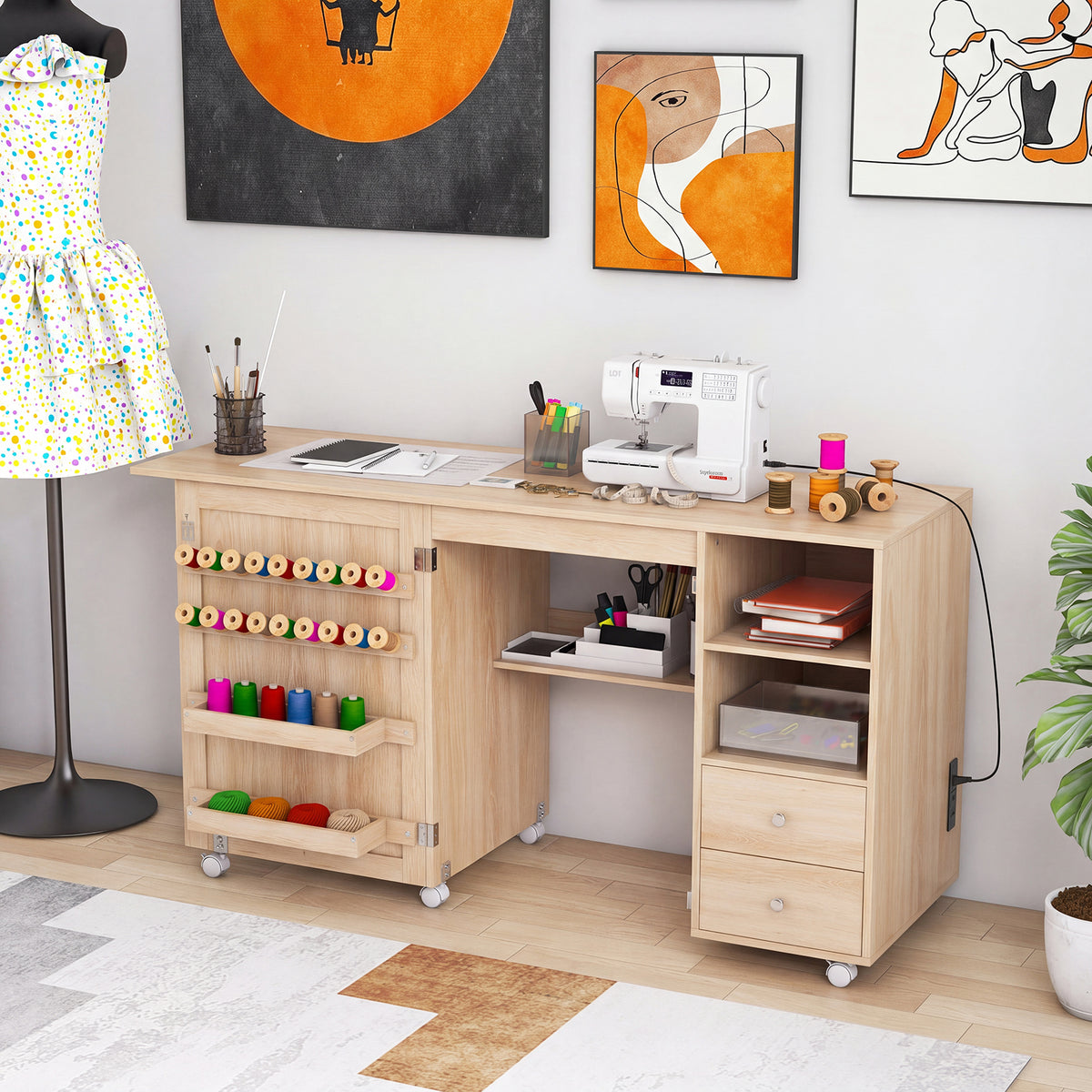 Folding Sewing Table with Charging Station and Storage Shelves-Natural