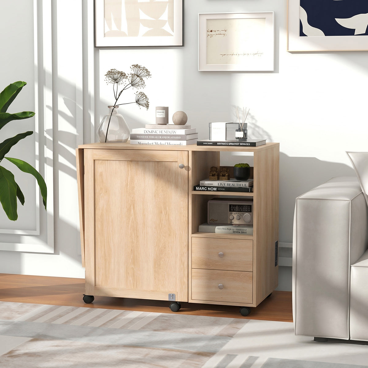 Folding Sewing Table with Charging Station and Storage Shelves-Natural
