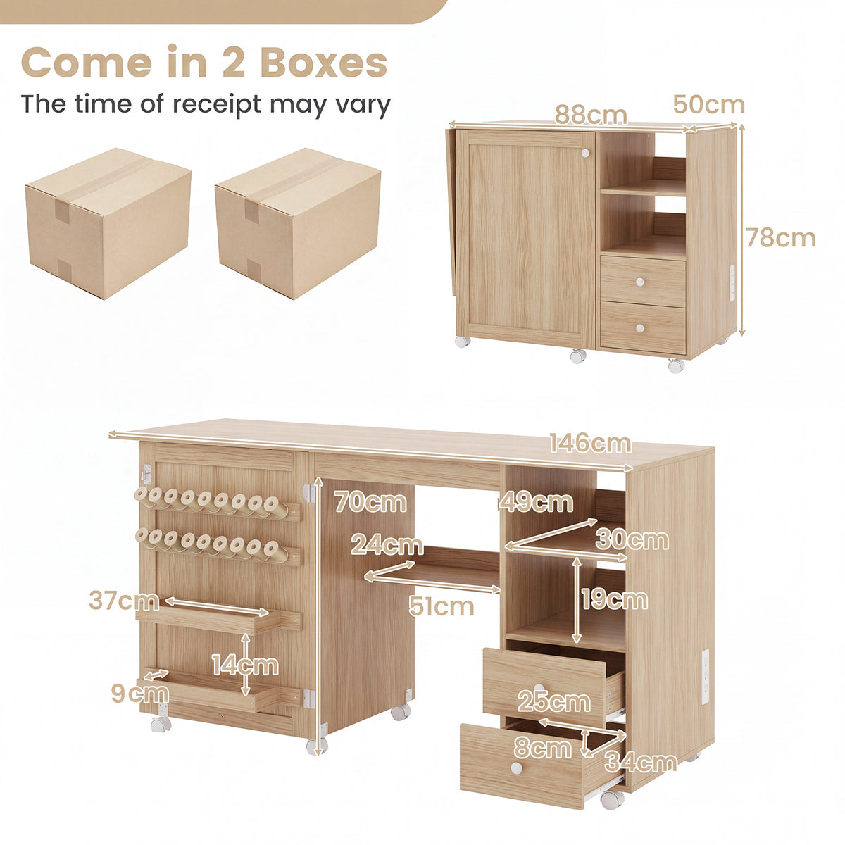 Folding Sewing Table with Charging Station and Storage Shelves-Natural