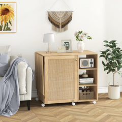 Folding Sewing Table with Rattan Door and Lockable Casters for Craft-Natural