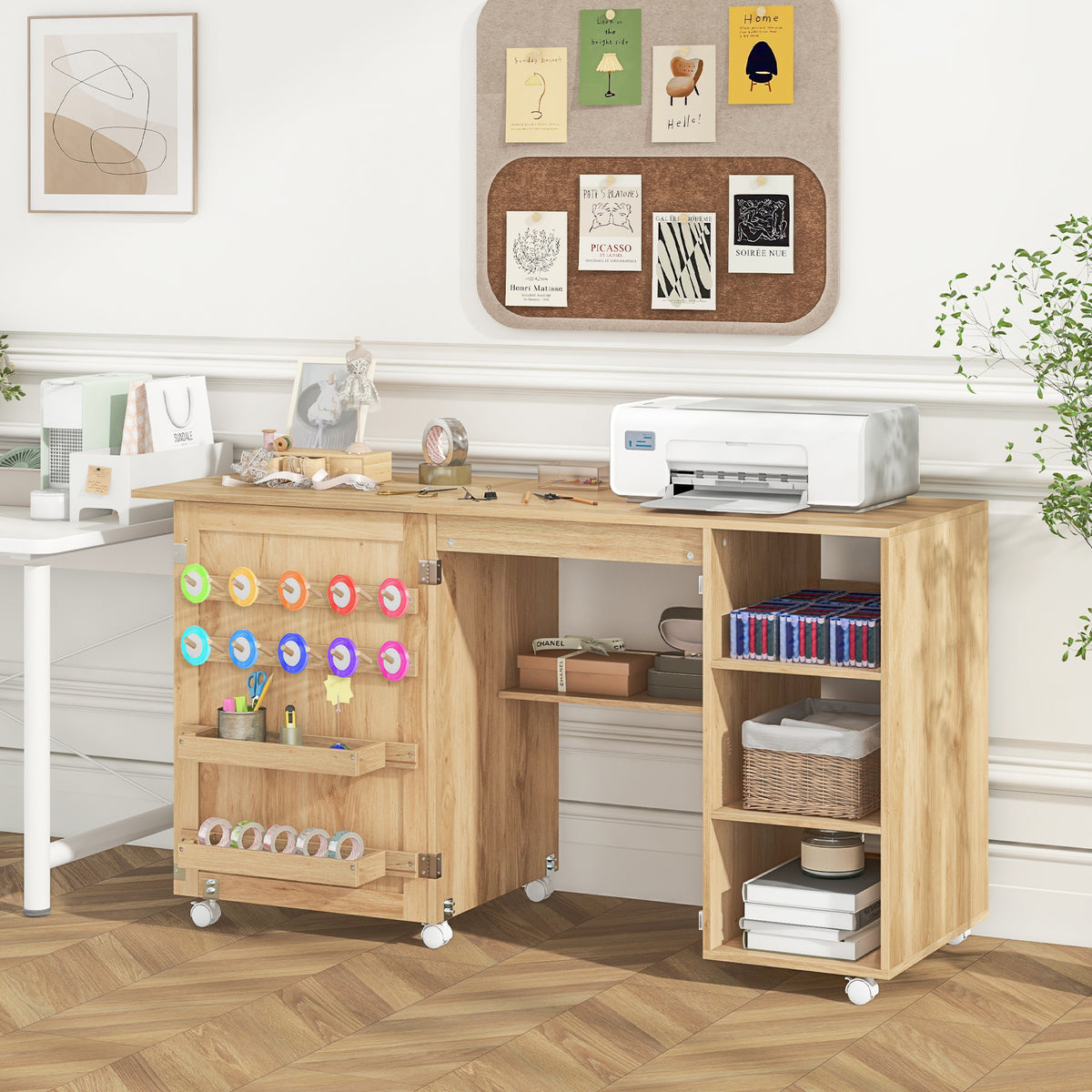 Folding Sewing Table with Rattan Door and Lockable Casters for Craft-Natural