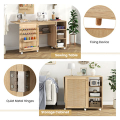 Folding Sewing Table with Rattan Door and Lockable Casters for Craft-Natural