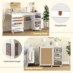 Folding Sewing Table with Rattan Door and Lockable Casters for Craft-White