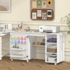 Folding Sewing Table with Rattan Door and Lockable Casters for Craft-White
