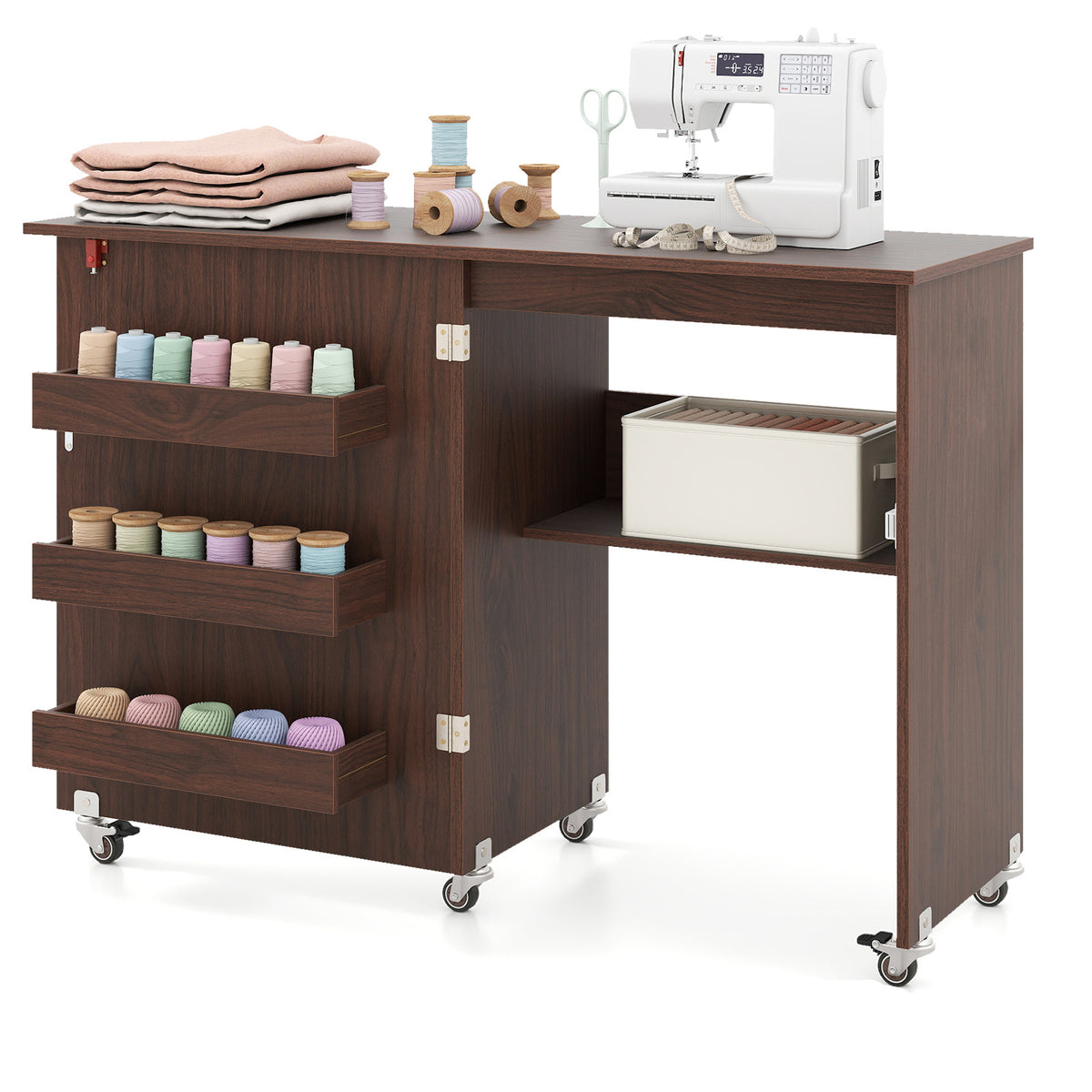 Folding Sewing Table with Storage Shelf and 3 Hidden Bins for Home-Brown