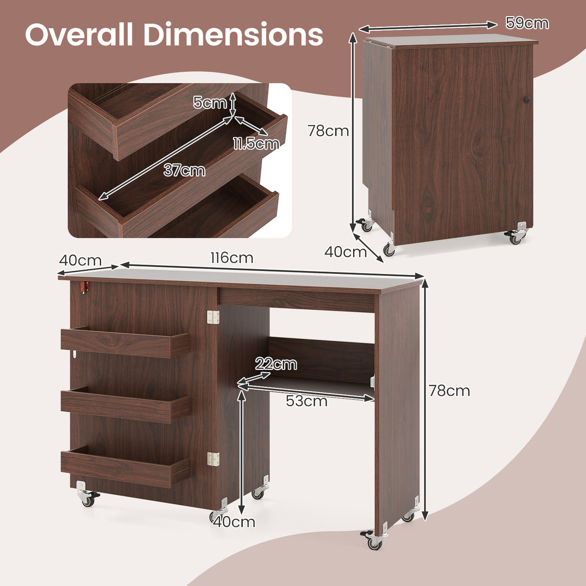 Folding Sewing Table with Storage Shelf and 3 Hidden Bins for Home-Brown