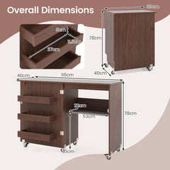 Folding Sewing Table with Storage Shelf and 3 Hidden Bins for Home-Brown