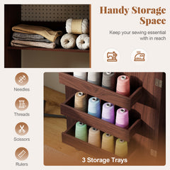 Folding Sewing Table with Storage Shelf and 3 Hidden Bins for Home-Brown
