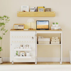 Folding Sewing Table with Storage Shelf and 5 Lockable Wheels-Natural & White
