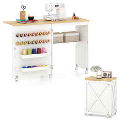 Folding Sewing Table with Storage Shelf and 5 Lockable Wheels-Natural & White