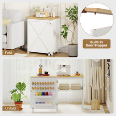 Folding Sewing Table with Storage Shelf and 5 Lockable Wheels-Natural & White