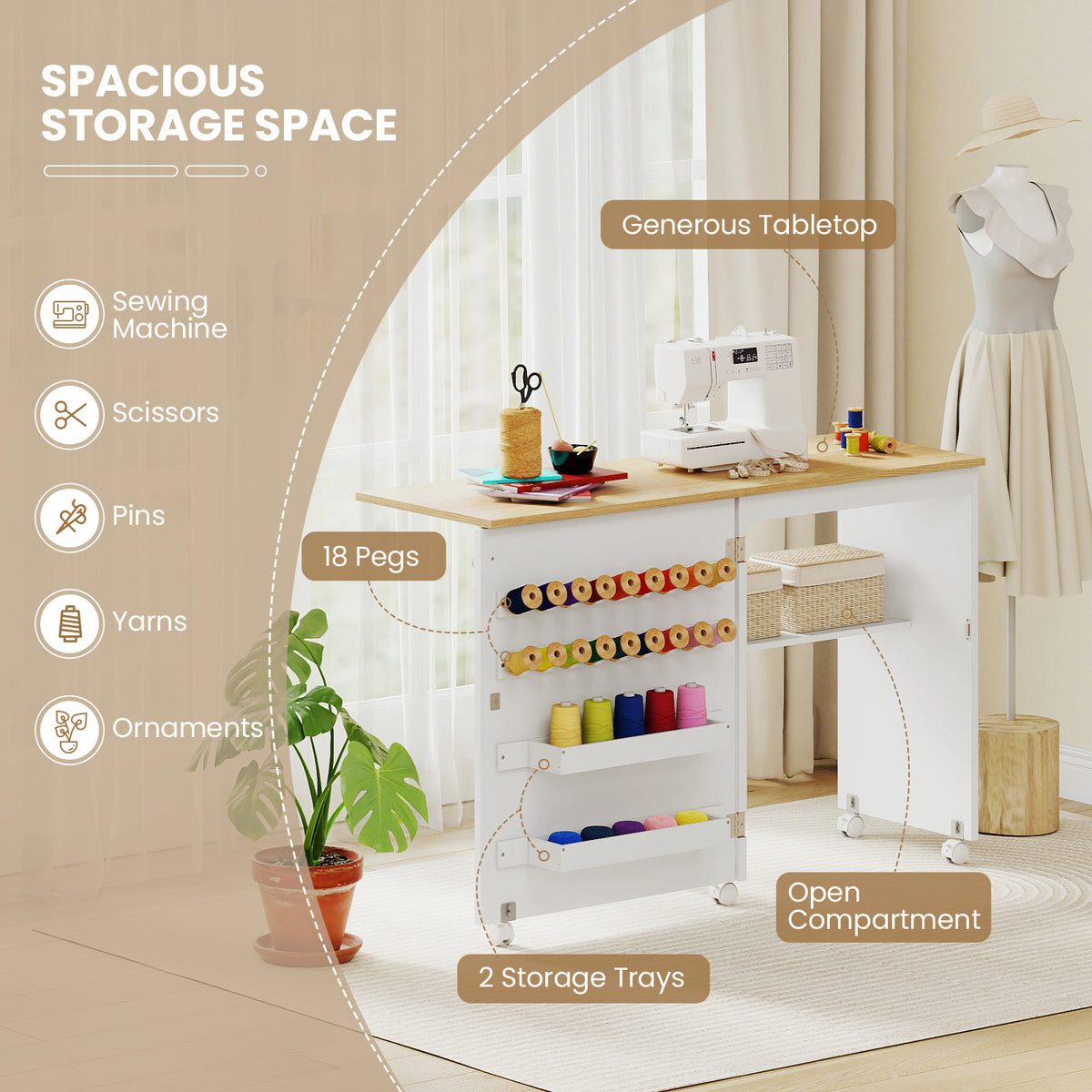 Folding Sewing Table with Storage Shelf and 5 Lockable Wheels-Natural & White