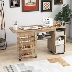 Folding Sewing Table with Storage Shelves and 18 Pegs and Lockable Casters-Brown