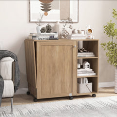 Folding Sewing Table with Storage Shelves and 18 Pegs and Lockable Casters-Brown