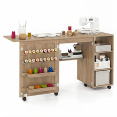 Folding Sewing Table with Storage Shelves and 18 Pegs and Lockable Casters-Brown