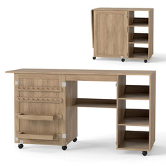 Folding Sewing Table with Storage Shelves and 18 Pegs and Lockable Casters-Brown