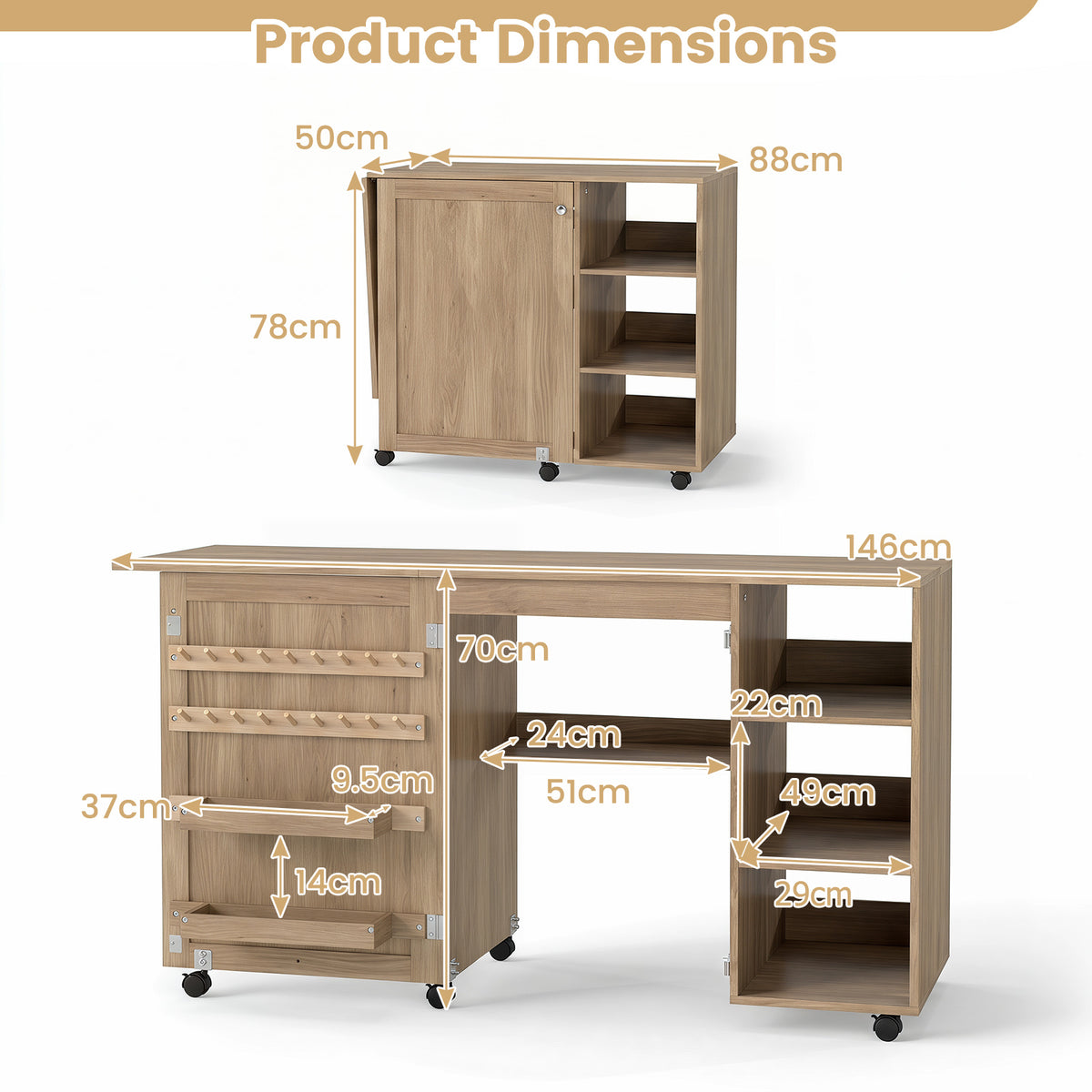 Folding Sewing Table with Storage Shelves and 18 Pegs and Lockable Casters-Brown