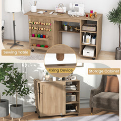 Folding Sewing Table with Storage Shelves and 18 Pegs and Lockable Casters-Brown
