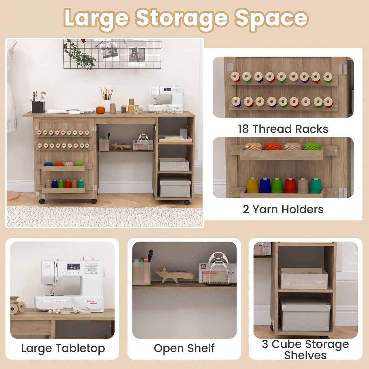 Folding Sewing Table with Storage Shelves and 18 Pegs and Lockable Casters-Brown
