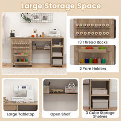 Folding Sewing Table with Storage Shelves and 18 Pegs and Lockable Casters-Brown