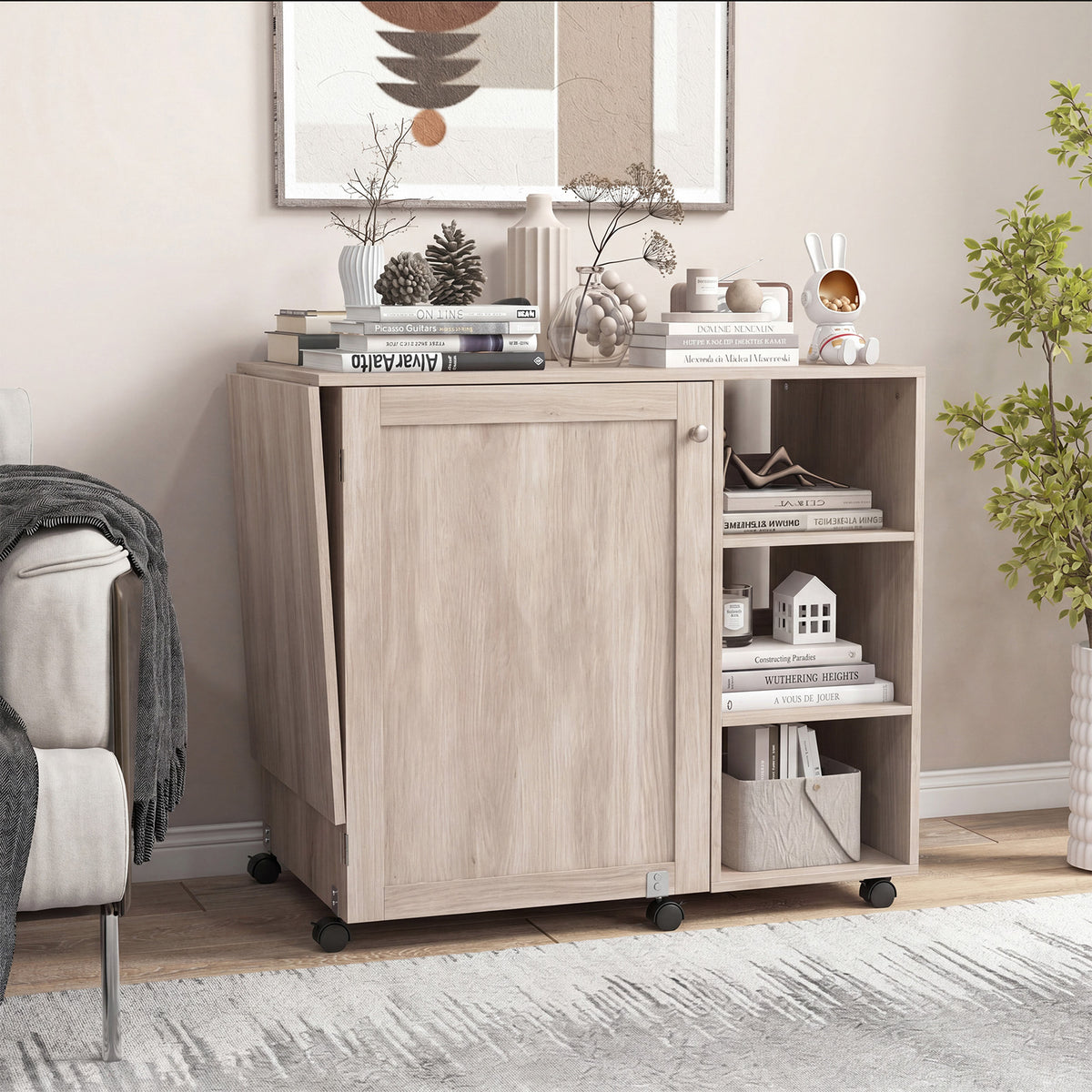 Folding Sewing Table with Storage Shelves and 18 Pegs and Lockable Casters-Natural