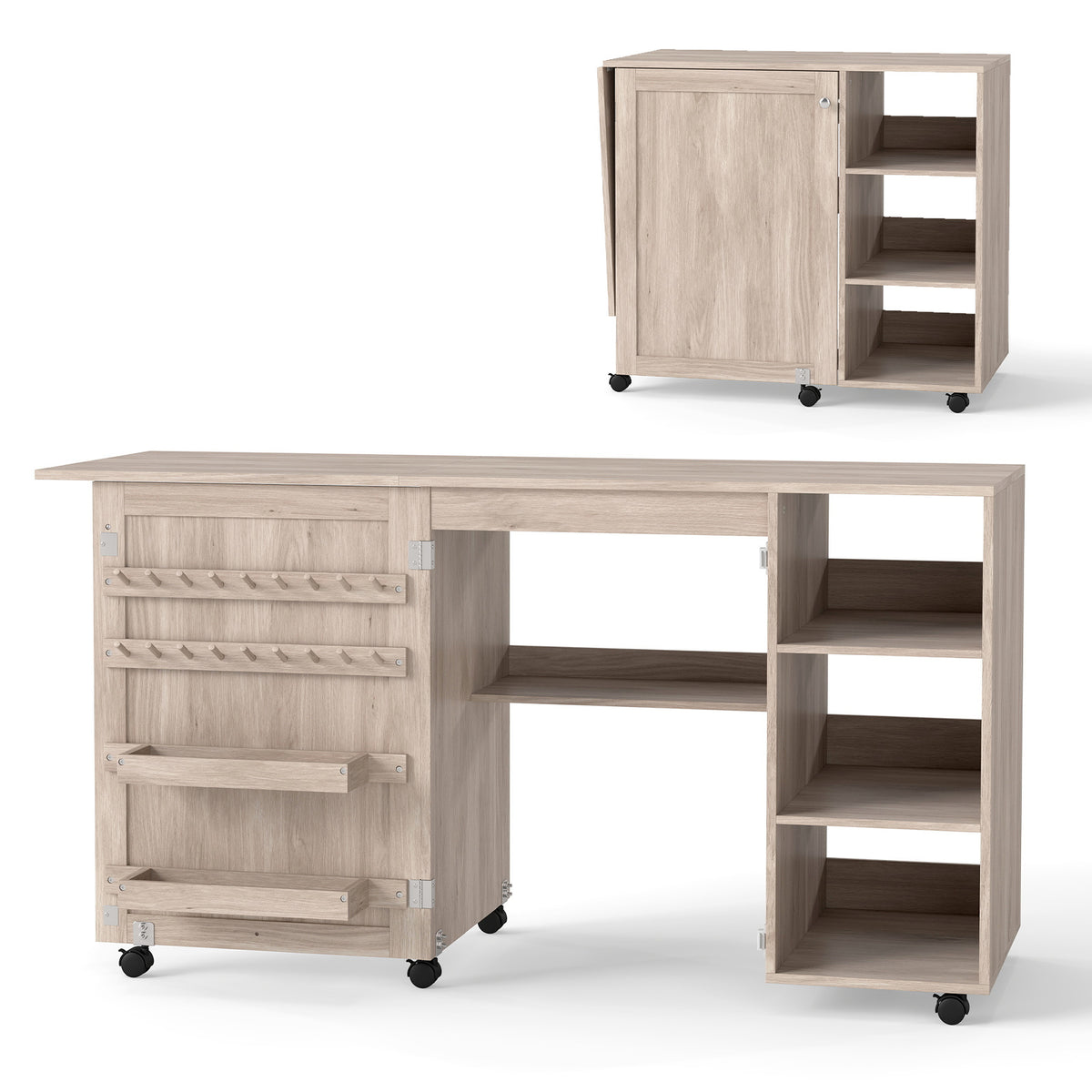 Folding Sewing Table with Storage Shelves and 18 Pegs and Lockable Casters-Natural