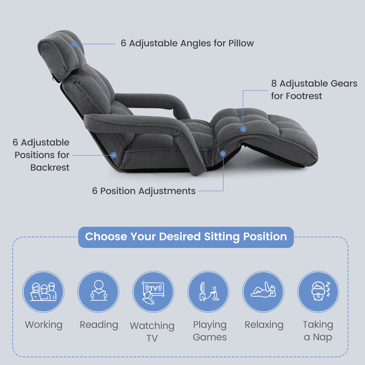 Folding Sofa Bed with 6 Adjustable Positions and 8-Angle Footrest-DarkGrey