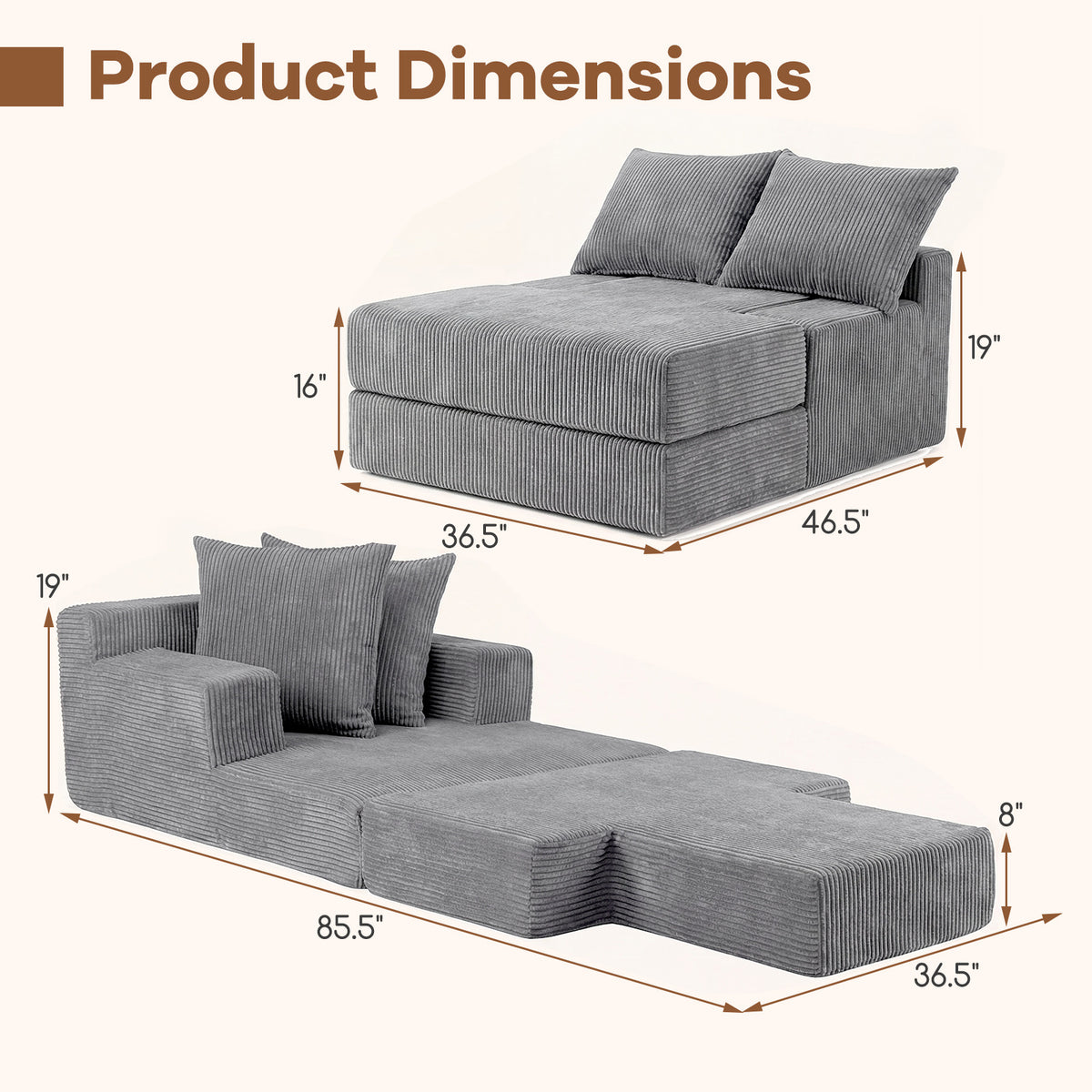 Folding Sofa Bed with Dual Pillows & Machine-Washable Cover for Living Room Bedroom-Grey