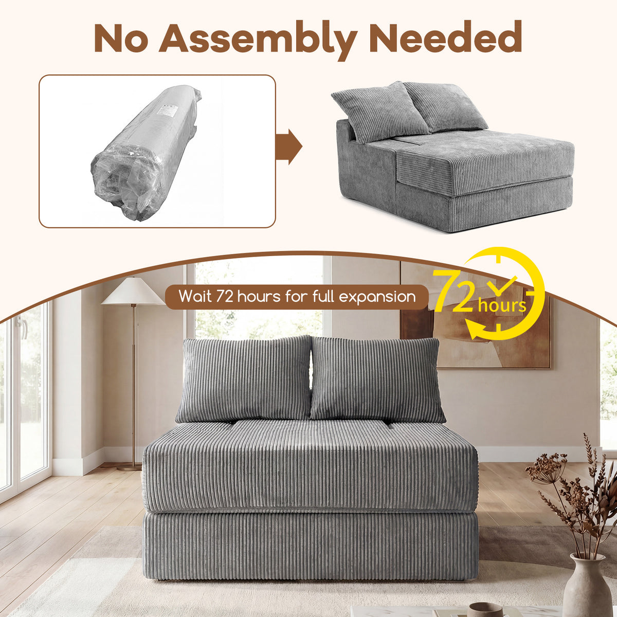 Folding Sofa Bed with Dual Pillows & Machine-Washable Cover for Living Room Bedroom-Grey