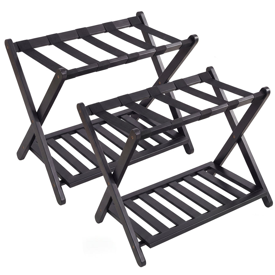 Folding Suitcase Stand with Straps and Bamboo Storage Shelves for Guest Room-Black
