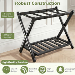 The storage rack showing the x-shaped frame and fabric strap construction