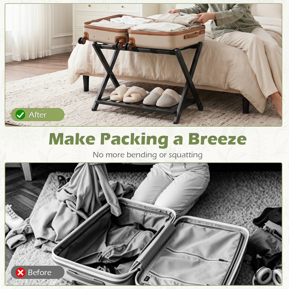 The storage rack in use for packing compared to packing on the floor