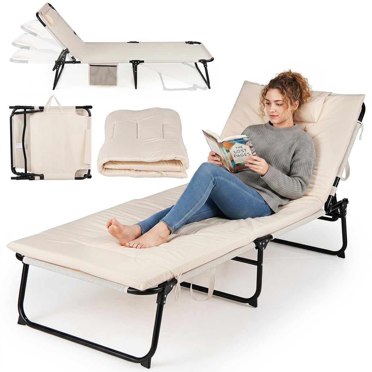 Folding Sun Lounger Foldable Beach Sun Lounger with 4-Position Adjustable Backrest-Beige
