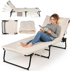 Folding Sun Lounger Foldable Beach Sun Lounger with 4-Position Adjustable Backrest-Beige